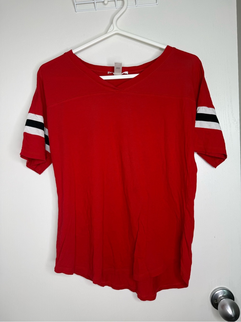 Streetwear Society Red Short Sleeve V-Neck Tee with Striped Sleeve Medium